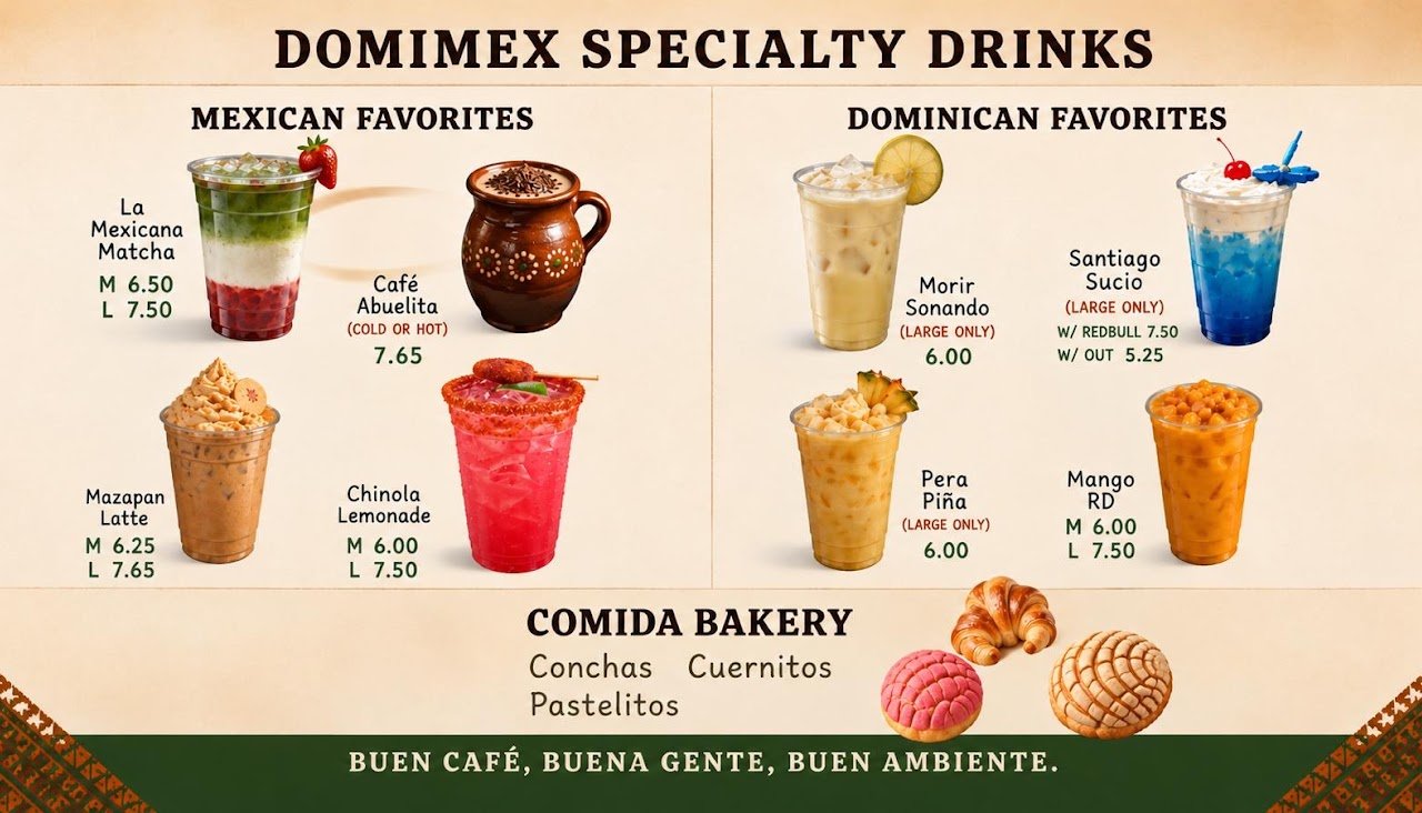 Domi Mex Cafe Menu - Mexican & Dominican Specialty Drinks, Comida Bakery